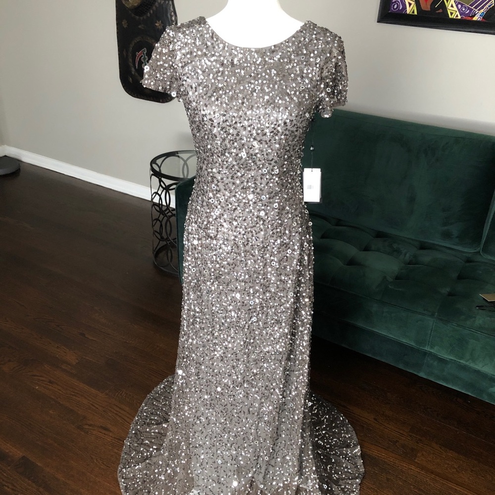 Taupe/Gray colored sequined gown with cap sleeves